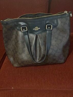 Coach Dark Brown/Black Signature Tote with Gold Hardware